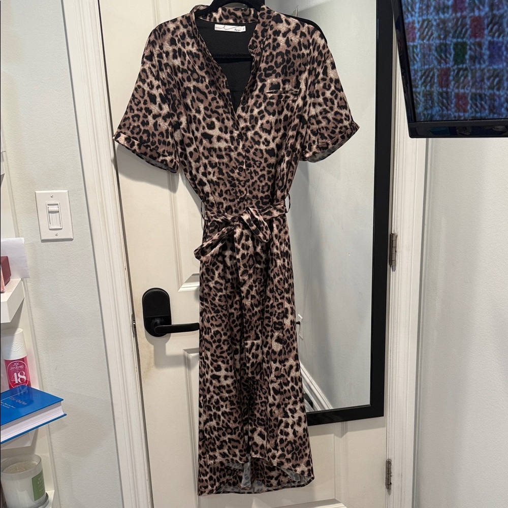 Leopard Print Wrap Midi Dress in Brown with Tie Waist